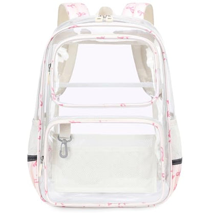 Sisipoet Clear Backpack for Girls with Bow Print, Heavy Duty Transparent Bookbag for School, Stadium, and Concert, Beige - color: White/Bow