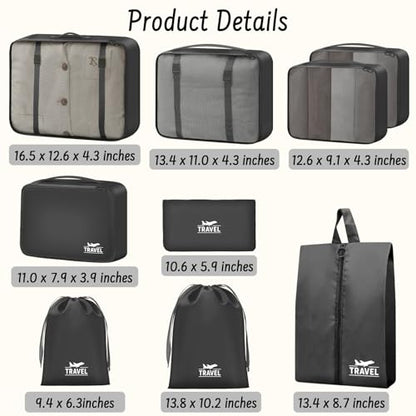 9 Set Packing Cubes for Travel Essentials - Lightweight Carry-On Luggage Organizer Bags with Shoe, Clothes & Laundry Bags for Airplane, Family & Business Travel, Black - color: Black
