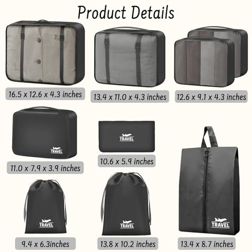 9 Set Packing Cubes for Travel Essentials - Lightweight Carry-On Luggage Organizer Bags with Shoe, Clothes & Laundry Bags for Airplane, Family & Business Travel, Black - color: Black