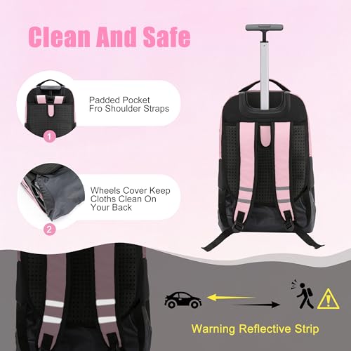 NEW TILAMI 19 inch Rolling Backpack Teens Rolling Backpack Cute Wheeled Laptop Backpack Bookbag Roller Travel Bag College, Flower Pink - color: Pink Flower