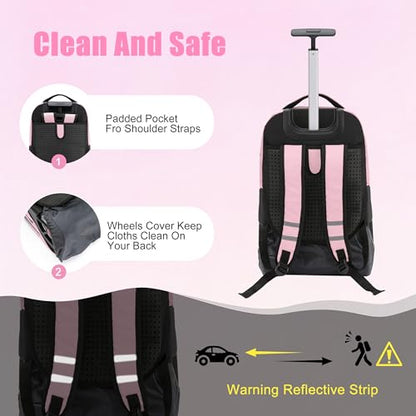 NEW TILAMI 19 inch Rolling Backpack Teens Rolling Backpack Cute Wheeled Laptop Backpack Bookbag Roller Travel Bag College, Flower Pink - color: Pink Flower