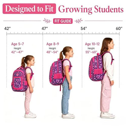 MYGOO Girls School Backpack Vineyard Heart Purple Bookbag for Elementary Middle School Ages 5-12, 17 inch Large Capacity 24L Kids Student Travel Bags - color: Vineyard Heart Purple
