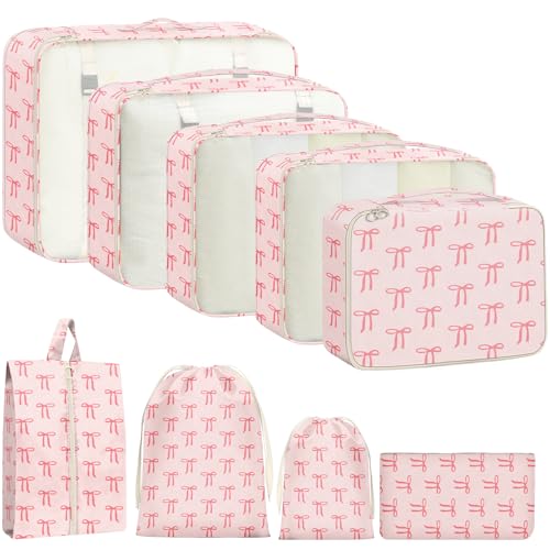 9 Set Packing Cubes for Travel Essentials - Lightweight Carry-On Luggage Organizer Bags with Shoe, Clothes & Laundry Bags for Airplane, Family & Business Travel, Pink bow - color: Pink bow