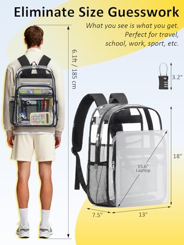 Clear Backpack Heavy Duty With A TSA Lock, 18 Inch Large Clear Back pack, Transparent See Through Bookbag for College, Work, Travel, Sport- Black - color: Black