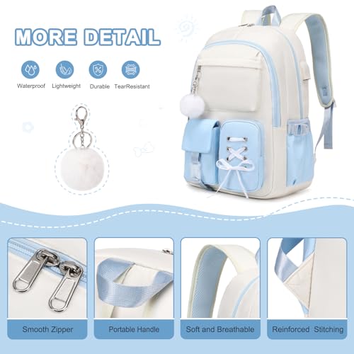 Scothen Backpacks for Girls, Girls Backpack with Lunch Box & Pencil Pouch for Teens Girl Kids Elementary Middle High School College Student Bookbag Daypack Laptop Travel Backpack for Women - color: Beige Blue