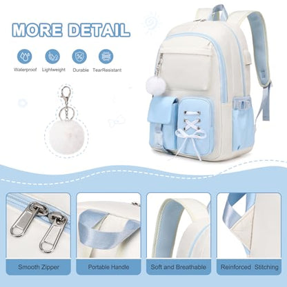 Scothen Backpacks for Girls, Girls Backpack with Lunch Box & Pencil Pouch for Teens Girl Kids Elementary Middle High School College Student Bookbag Daypack Laptop Travel Backpack for Women - color: Beige Blue