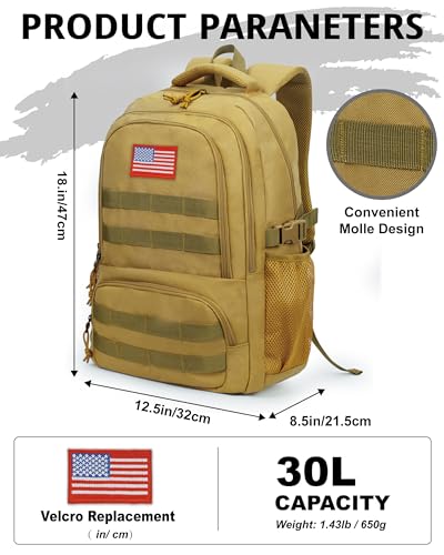 30L Tactical Camo Backpack for Boys 900D Military Schoolbag with 4 Pockets - color: Brown