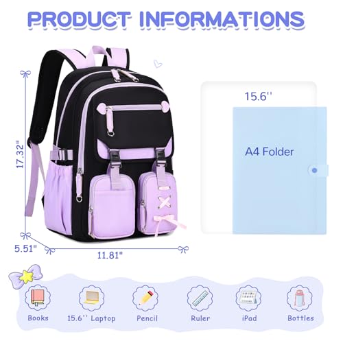 MOONBABY Girls Backpack with Lunch Box & Pencil Case for Kids Teens Bookbag for Elementary Primary Middle High School Daypack - color: Purple