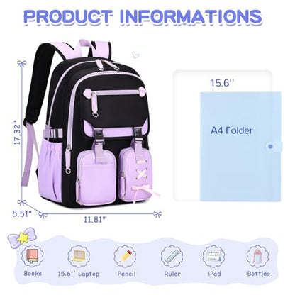 MOONBABY Girls Backpack with Lunch Box & Pencil Case for Kids Teens Bookbag for Elementary Primary Middle High School Daypack - color: Purple