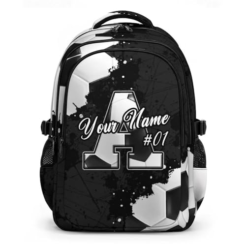 COZYAURA Kids Backpack - Personalized Soccer Backpacks for Boys, Custom Letter Bookbag for Elementary, Middle, High School, 17 Inch Lightweight School Bag for Sport Travel - color: Black