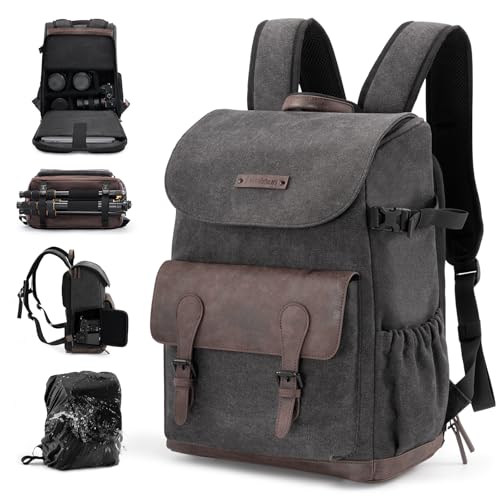 Cwatcun Canvas Camera Backpack, DSLR SLR Camera Bags for Photographers with Waterproof Rain Cover, Camera Case with Laptop Compartment & Tripod Holder for Canon Nikon Sony Fuji Camera & Lenses - color: 1.0 Black, size: Small