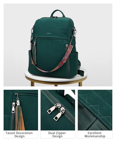 FADEON Leather Backpack Purse for Women Designer Travel Backpack Purses PU Fashion Ladies Shoulder Bag with Tassel - color: 1 Dark Green Nubuck Style