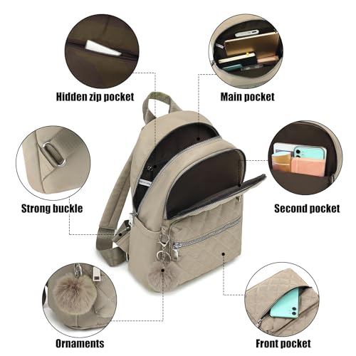 TANTOMI Mini Backpack Purse for Women Lightweight Small Backpack Purse Travel bookbag with Pom - color: Beige