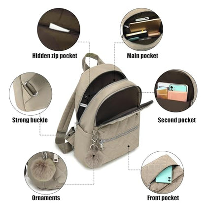 TANTOMI Mini Backpack Purse for Women Lightweight Small Backpack Purse Travel bookbag with Pom - color: Beige