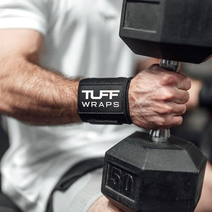 TuffWraps 16" Wrist Wraps: No Thumb Loops, Quality Gym Wrist Wraps for Weightlifting, Bench Press, Powerlifting, and Cross-Training—Try The Belt Loop Tightening System - color: Black/White