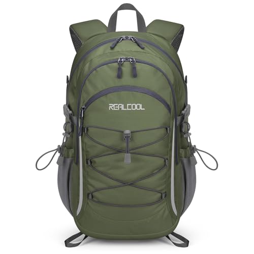 RealCool 30L Lightweight Hiking Backpack, Waterproof Daypack for Camping | 210D tear-resistant nylon, breathable shoulder and back panel, Multi-Compartment,hydration system,reflective strip,bungee net - color: Army Green, size: 30L