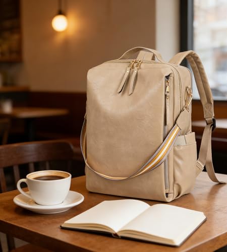 myfriday PU Leather Large Backpack Purse for Women Casual Travel Backpack Convertible Satchel Handbags With Luggage Strap (Biege) - color: Biege