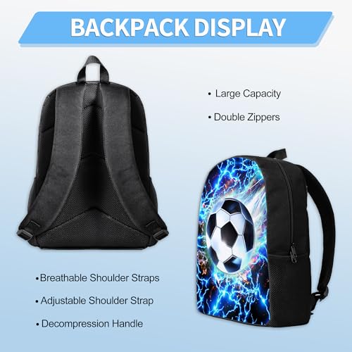 3PCS Boys Backpack, Kids Back To School Backpack with Lunch Box Pencil Case Set, Cool Soccer Backpack for Boys Teens, 17" Schoolbag Bookbag for Elementary Middle High School Students - color: Light Soccer