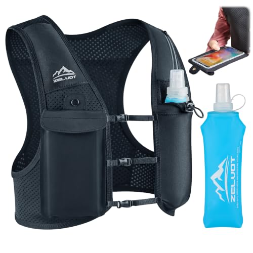 Zelvot Running Vest for Women Men, Adjustable Running Phone Holder Vest, USA Original Patent, Running Hydration Vest with 500ml Soft Flask, Reflective Running Backpack for Hiking Cycling - color: Black, size: X-Small-Small