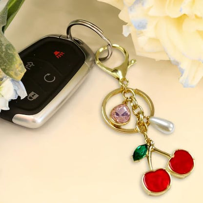 Madison Tyler Western Cowboy Boots Cherry Bow Bubble Tea Strawberry Cute Keychain | Bag Charms for Handbags Purse Charms - color: Cherry