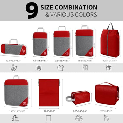 9-Set Packing Cubes with Hanging Bag | 9-Size Combination, Mesh Fabric & Reflective Stripe | Travel Luggage Organizers (Red) - color: Red