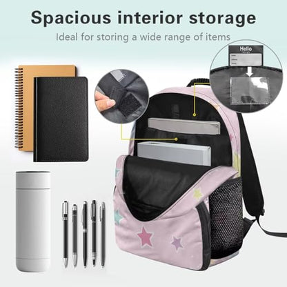 Lightweight 17 Inch Laptop Backpack for High School & College Students - Minimalist Star Print Pink Durable School Bookbag with Adjustable Padded Shoulder Straps & Water Bottle Pocket - color: Minimalist Star Print Pink