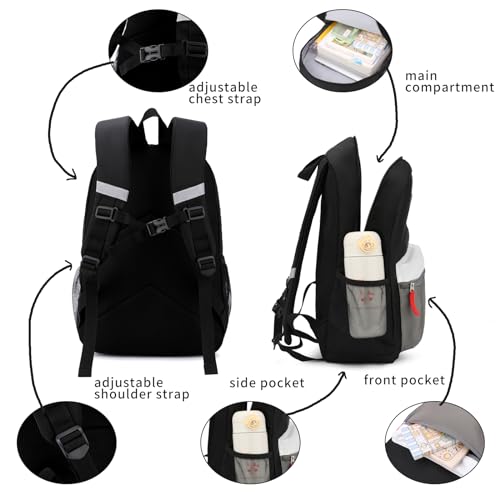 Backpack Set for Girls Boy Kids Backpack with Lunch Box for Elementary Primary Kindergarten School Bag (Black Grey Set, Large) - color: Black Grey