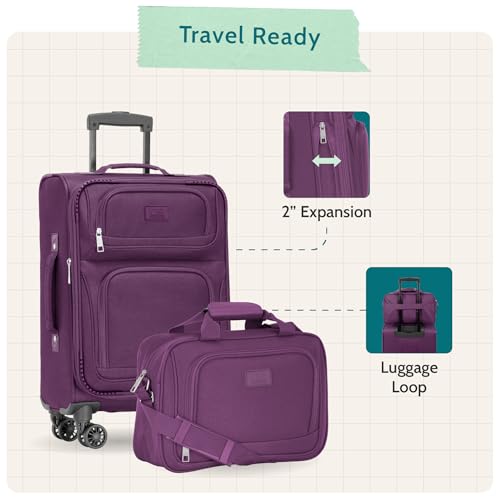 U.S. Traveler Rio Lightweight Softside Rolling Carry-on Suitcase, 4-Wheel Set, Purple - color: Purple, size: 22"/14"