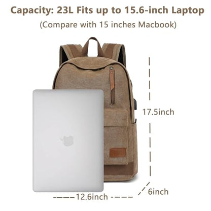 Canvas Laptop Backpack, Waterproof School Backpack With USB Charging College - color: Coffee