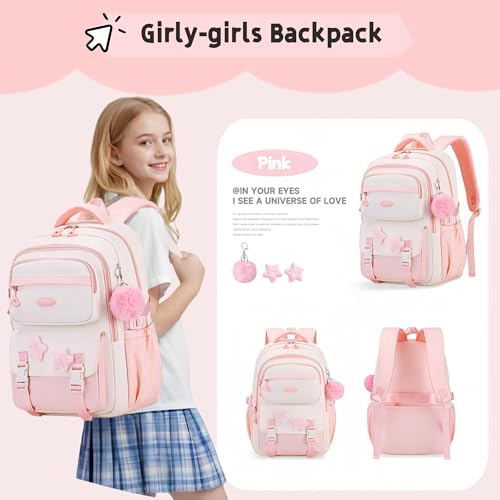 Girls Backpack for School Kids, Pink Kids School Bag for Teen Girls, with Star Pins and Furry Pendant, A08-Pink - color: A08-pink