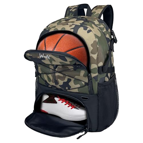 WOLT Basketball Backpack Large Sports Bag with Separate Ball Holder & Shoes Compartment, Best for Basketball, Soccer,Gym - color: camo green
