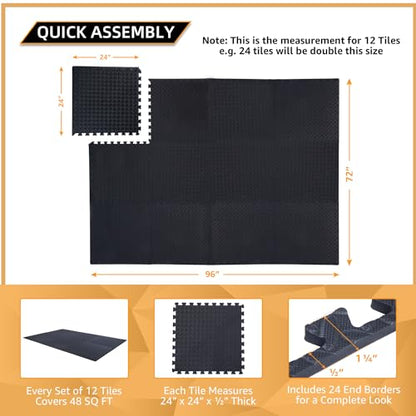 12 Pack, 48 SQFT - 24" x 24" - 1/2" Extra Thick Floor Exercise Mat for Home Gym or Floor Padding - High-Density EVA Interlocking Foam Floor Tiles for Gym Equipment, Play Area | Yoga, Cardio, Weights - size: Black