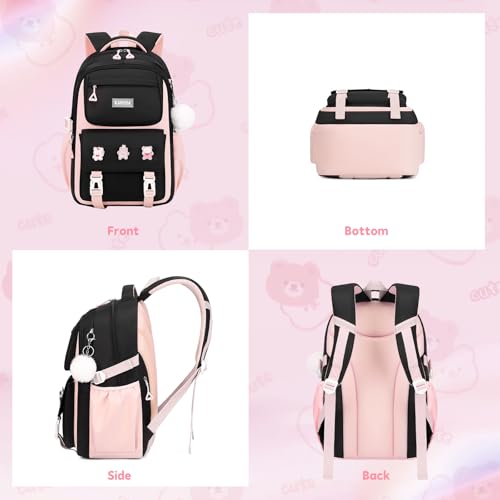 Girls Backpack, Kids Backpack for Girls with Anti-theft Back Pocket, Lightweight School Back pack, Watrer Resistant, Bookbag for Elementary Primary School, Black Pink - color: Black Pink
