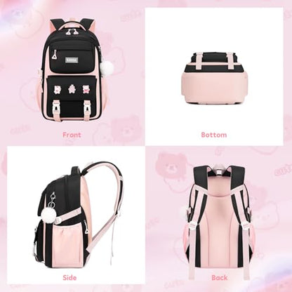 Girls Backpack, Kids Backpack for Girls with Anti-theft Back Pocket, Lightweight School Back pack, Watrer Resistant, Bookbag for Elementary Primary School, Black Pink - color: Black Pink
