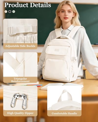Cute Middle School Backpack For Teen Girls,Waterproof Casual Bookbags,Lightweight Travel Daypack,Basic Laptop College Backpack For Women(White) - color: A2-beige