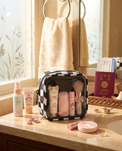 Clear Checkered Makeup Bag, Small Cosmetic Pouch with Zipper Mini Waterproof Makeup Purse Organizer Cute Cosmetic Bag Travel TSA Approved Toiletry Bag Car Organizer for Women Girls (Black) - color: Black