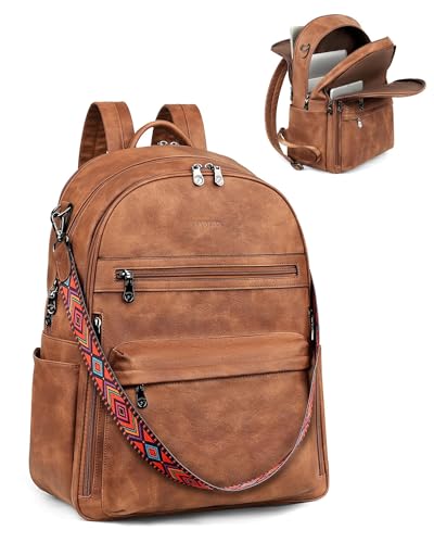 FADEON 15.6 Inch Laptop Backpack Purse for Women, Large Capacity | Vegan Leather Backpack with Padded Straps, Laptop & iPad Slots Fits 13", 14" & 15.6". Roomy for Daily, Work & Travel - color: 1 Brown Retro Style