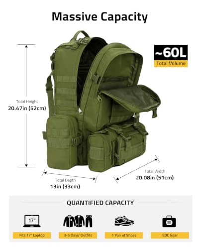 CVLIFE Tactical Backpack Military Army Rucksack 60L Large Assault Pack Detachable Molle Bag, Army Green - color: 06-army Green With Patch