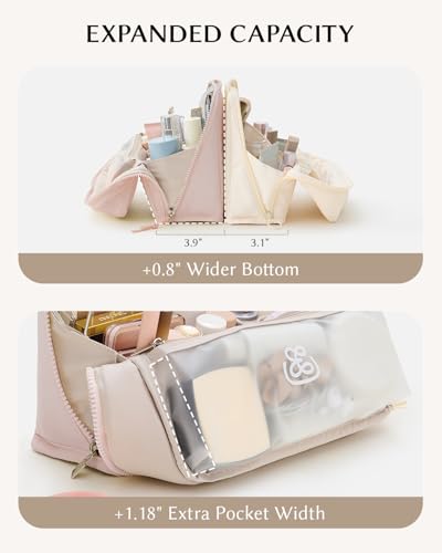 EACHY Standing Makeup Bag - Waterproof Cosmetic Bag & Toiletry Bag Organizer with Phone Holder, Detachable Dividers, Wipe-Clean Brush Pouch for Women - color: A-Pink