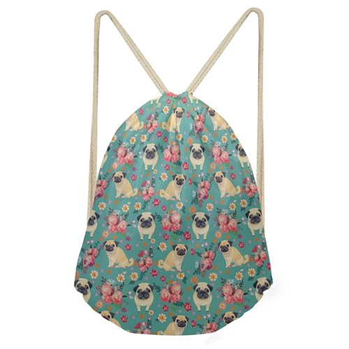 Upetstory Fun Pug Dog Floral Print Drawstring Backpack Shoulder Bags Lightweight Gym Bag Sackpack for Women Girls - color: Pug Dog