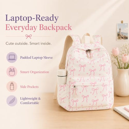 Bluboon School Backpack for Teen Girls Women Laptop Backpack College Bookbags Middle School Travel Work Commuter Back Pack - color: Beige Base Pink Bow & Heart