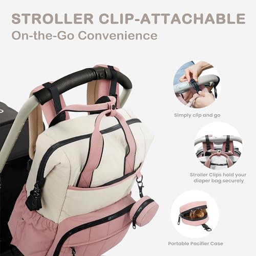VONAL Diaper Bag Backpack, Lightweight Baby Diaper Bags, Travel Large Diaper Bag with Changing Station, Pink Diaper Backpack for Boys Girls Newborn with Insulated Pockets, Stroller Straps - color: Pink