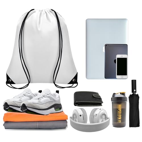 Grneric 50Pcs Drawstring Backpack Bulk Cinch Bag, Drawstring Bags Polyester for Gym Sports Beach Party Trip (White) - color: White