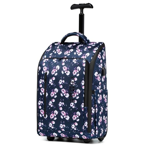 Rolling Backpack Waterproof Commuter Backpack with Wheels for Business, Laptop Compartment for 15.6-Inch Laptop, Wheeled Carry-On Bag for Adults - color: Blue flower