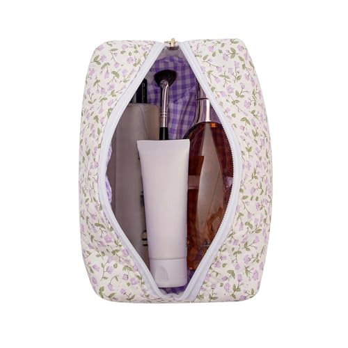 Cute Floral Makeup Bag Small Cotton Quilted Cosmetic Bag, Aesthetic Essential Bag Emergency Bag Gift for Women Girls Travel Accessories (Purple Flowers) - color: A8 Purple Flowers