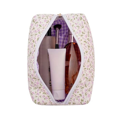 Cute Floral Makeup Bag Small Cotton Quilted Cosmetic Bag, Aesthetic Essential Bag Emergency Bag Gift for Women Girls Travel Accessories (Purple Flowers) - color: A8 Purple Flowers