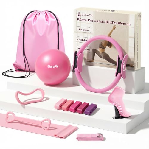 Home Pilates Ring and Ball Set for Women with 5 Resistance Bands 13 inch Magic Circle Workout Starter Kit for Beginners Full Body Toning 15 Min Daily Routine - color: Gradient Pink