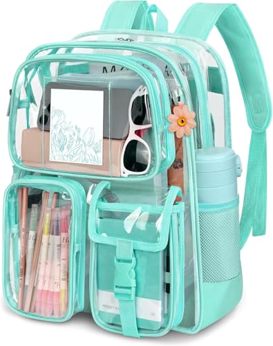 Attmu Clear Backpack for School, Heavy Duty PVC Transparent Bookbag with Reinforced Straps Stitches, Clear Bag for Stadium Events Girls Boys, Large Capacity Backpack for Security College Work - Green - color: Green, size: 17*12*5