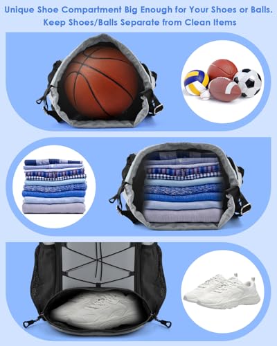 BROTOU Soccer Bags, Football Backpack, Volleyball Bag, Drawstring Soccer Backpack with Ball and Shoe Compartment - color: Silver Gray