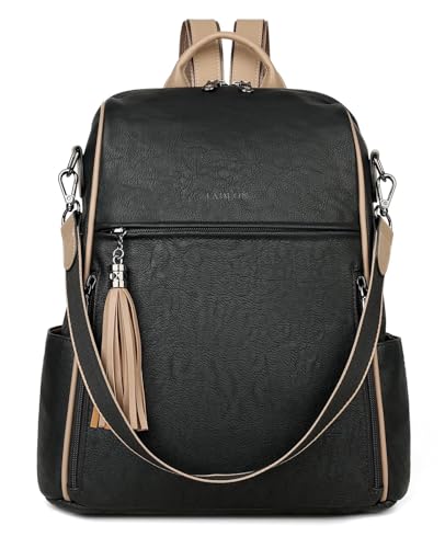 FADEON Womens Backpack Purse Large Designer PU Leather Laptop Backpacks, Ladies Computer Shoulder Bags (2 Retro Black contrast Brown, Medium (14-in Height)) - color: 2 Retro Black Contrast Brown, size: Medium (14-in Height)